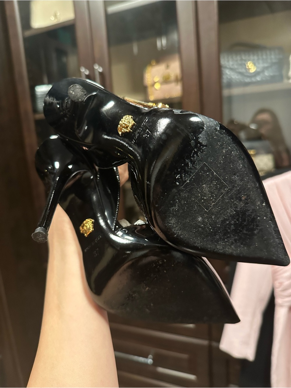 Black Patent Leather Pointed-Toe Slingback Pumps with Gold Accent include box - Picture 4 of 9